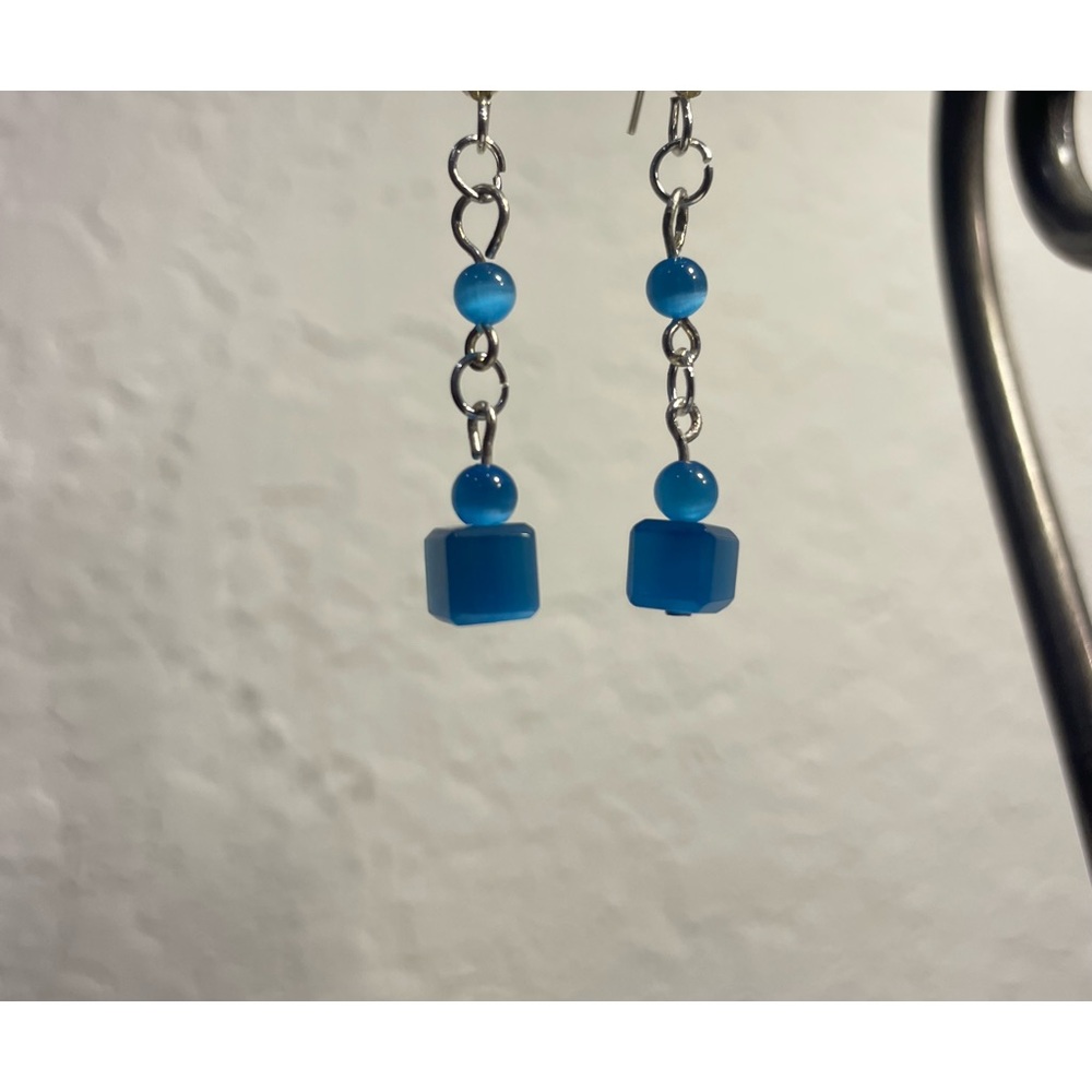 Sky Blue and Silver Dangle Earrings with Chain and Cube Beads
